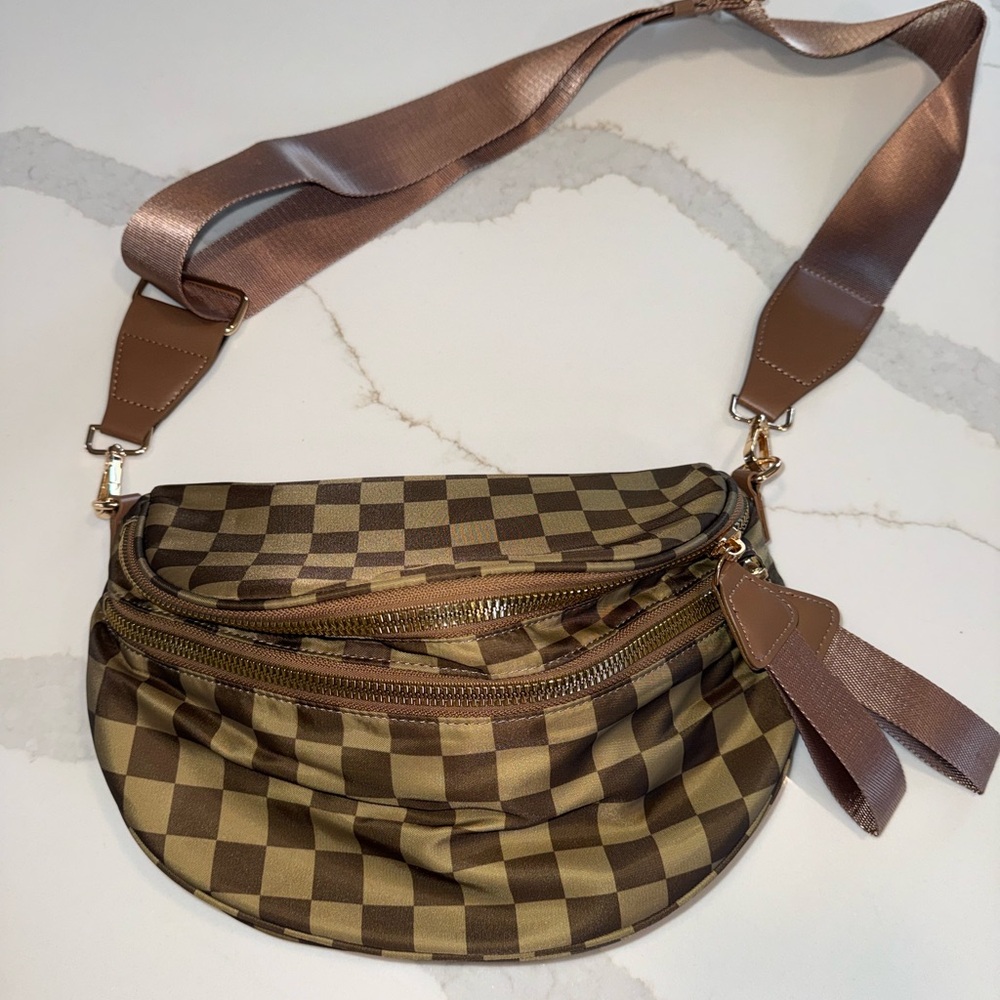 Brown and Green Checkered Crossbody Bum Bag